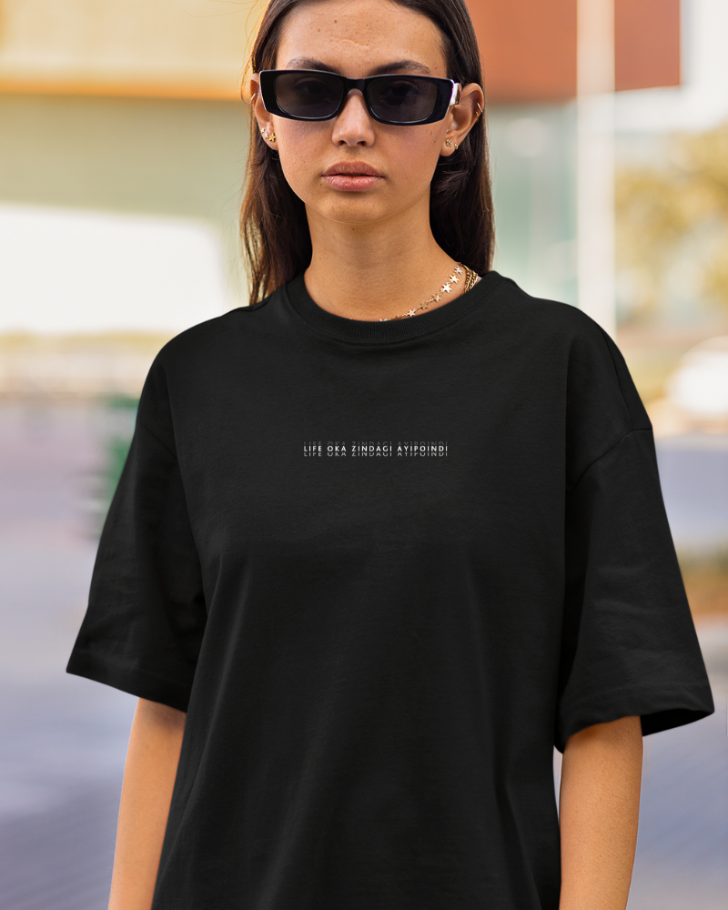 Oversized Telugu Minimals : Life Oka Zindagi Aipoindi Black Unisex T-shirt