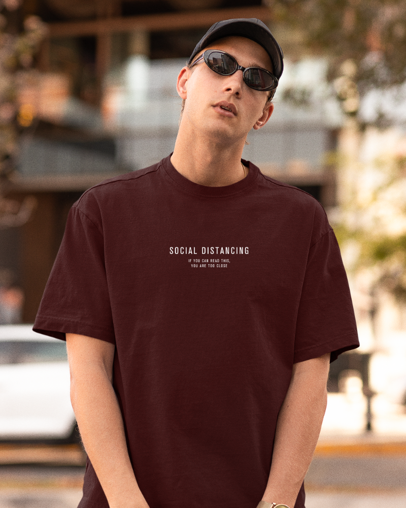 Oversized Drip Minimals :  Social Distancing  Maroon Unisex T-shirt